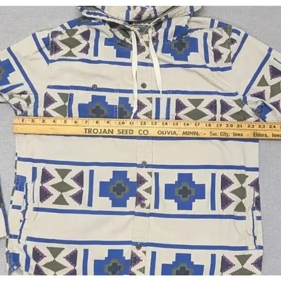 Modern Amusement Hooded Shirt Jacket L Aztec Tribal Cotton Southwest Print - Picture 6 of 8